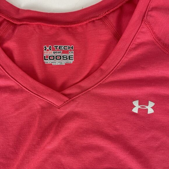 Under Armour UA Tech Heat Gear Loose Fit V Neck Tshirt Women's Pink Large - Picture 3 of 4